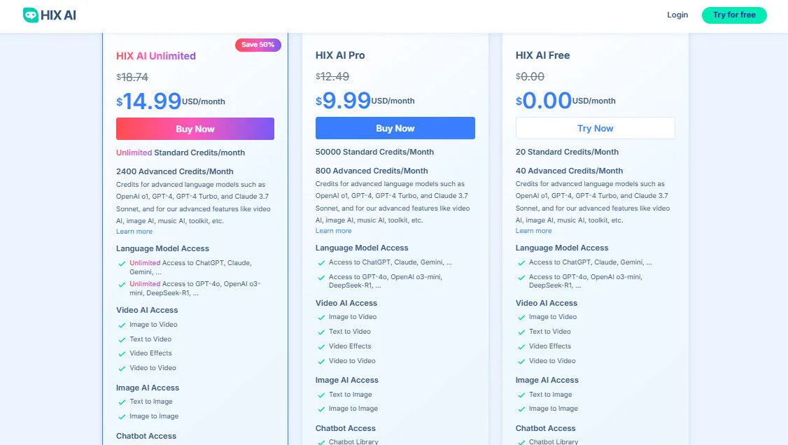 Hix AI Yearly Pricing Plans | Best Free AI Tools Price Guide