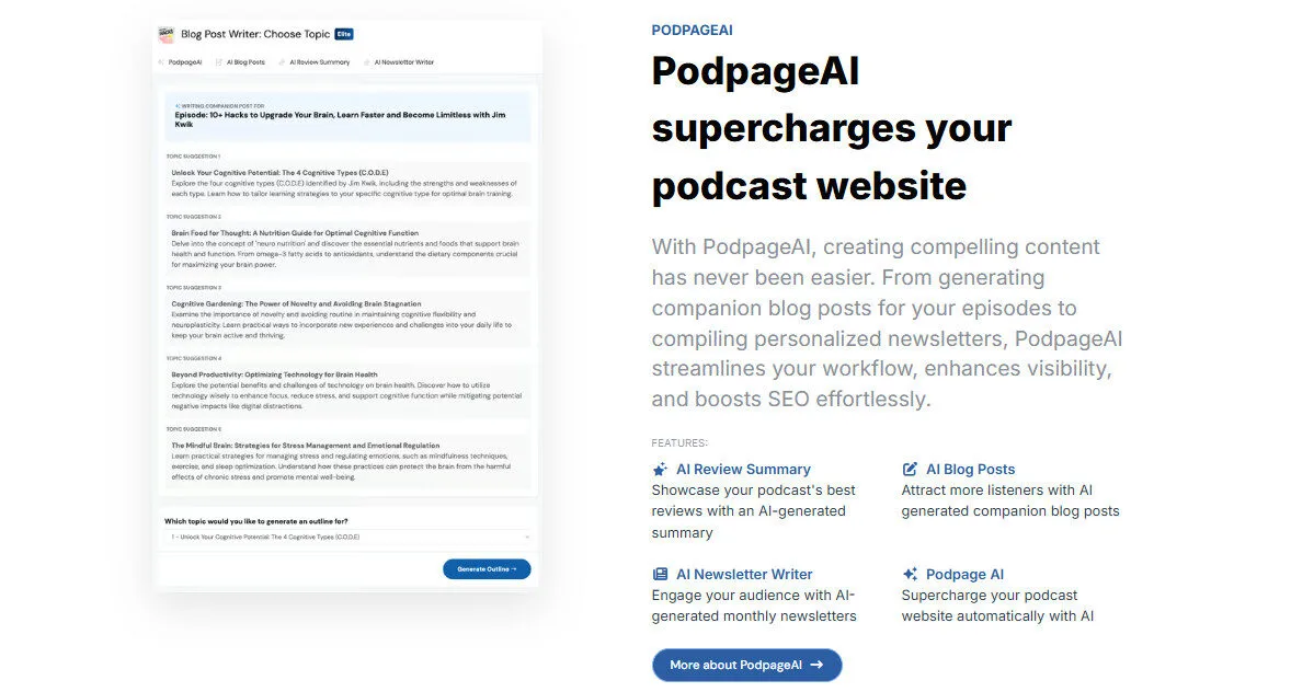 Podpage AI Supercharge Podcast Website Features Platform Overview | Best Free AI Tools Team Review