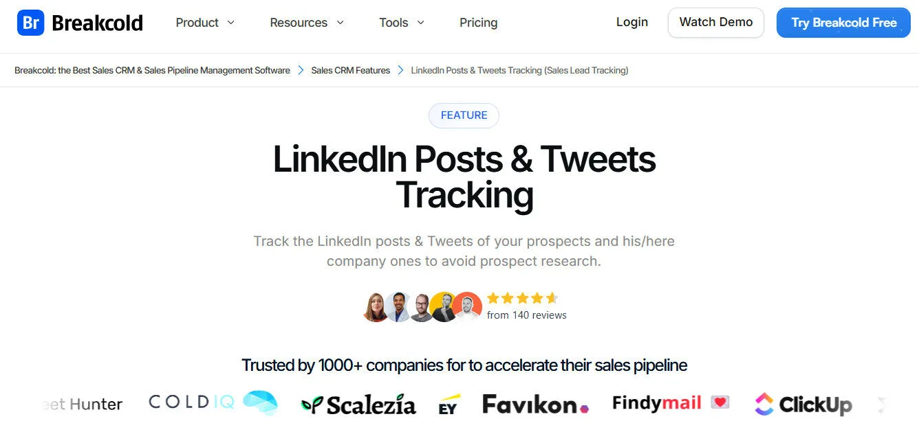 Breakcold Linkedin Posts and Tweets Sales Lead Tracking software AI Features Platform Overview | Best Free AI Tools Team Review