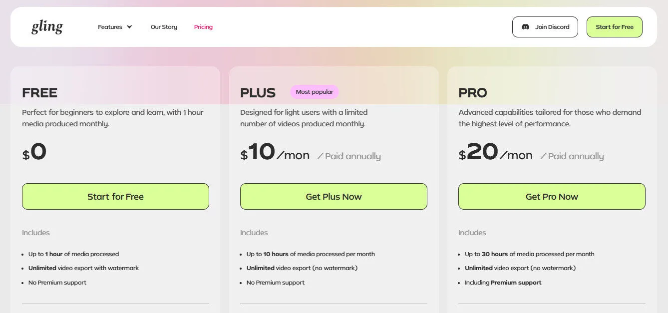 Gling AI Yearly Pricing Plans | Best Free AI Tools Price Guide