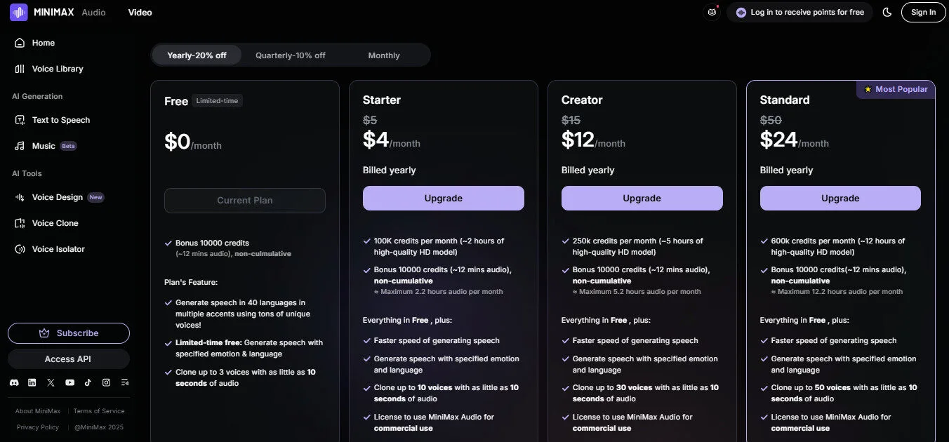 MiniMax Audio AI Yearly Pricing Plans | Best Free AI Tools Price Guide