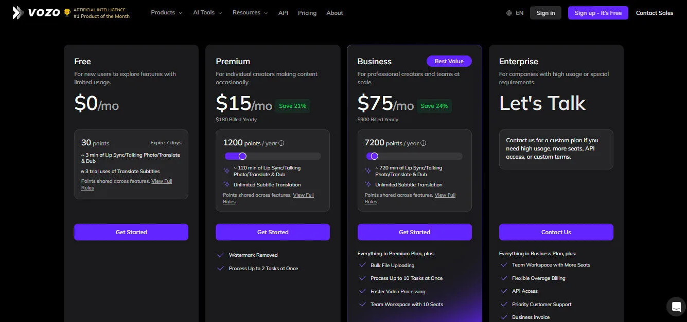 Vozo AI Yearly Pricing Plans | Best Free AI Tools Price Guide